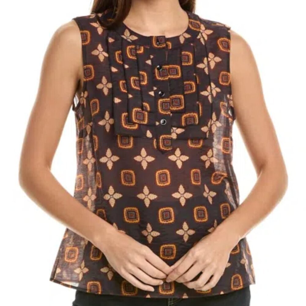 Cabi Louis sleeveless blouse brown tribal graphic pleated ruffle Tuxedo new XS